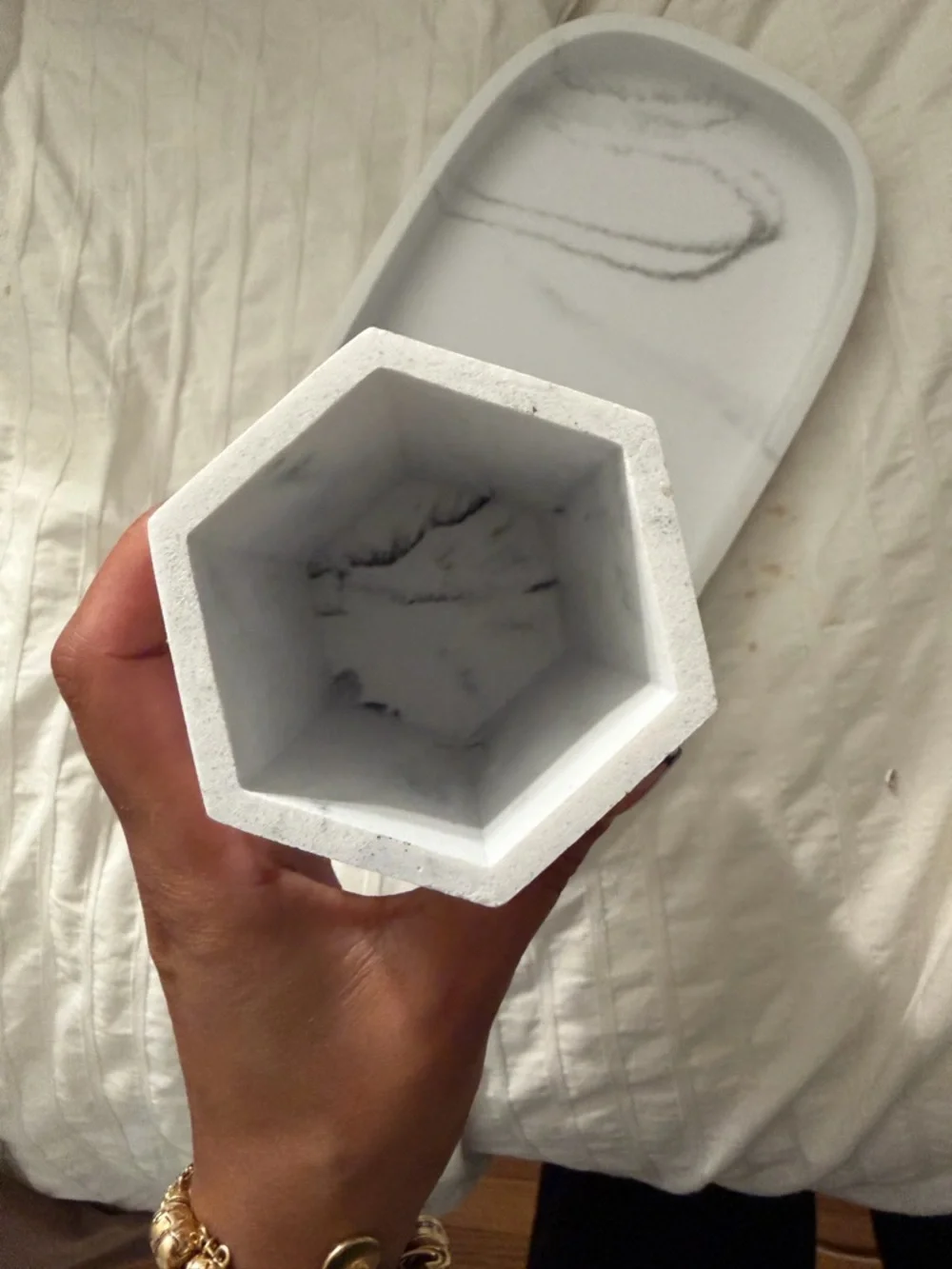 Marble-Effect White Vanity Tray and Hex Pencil Holder Set